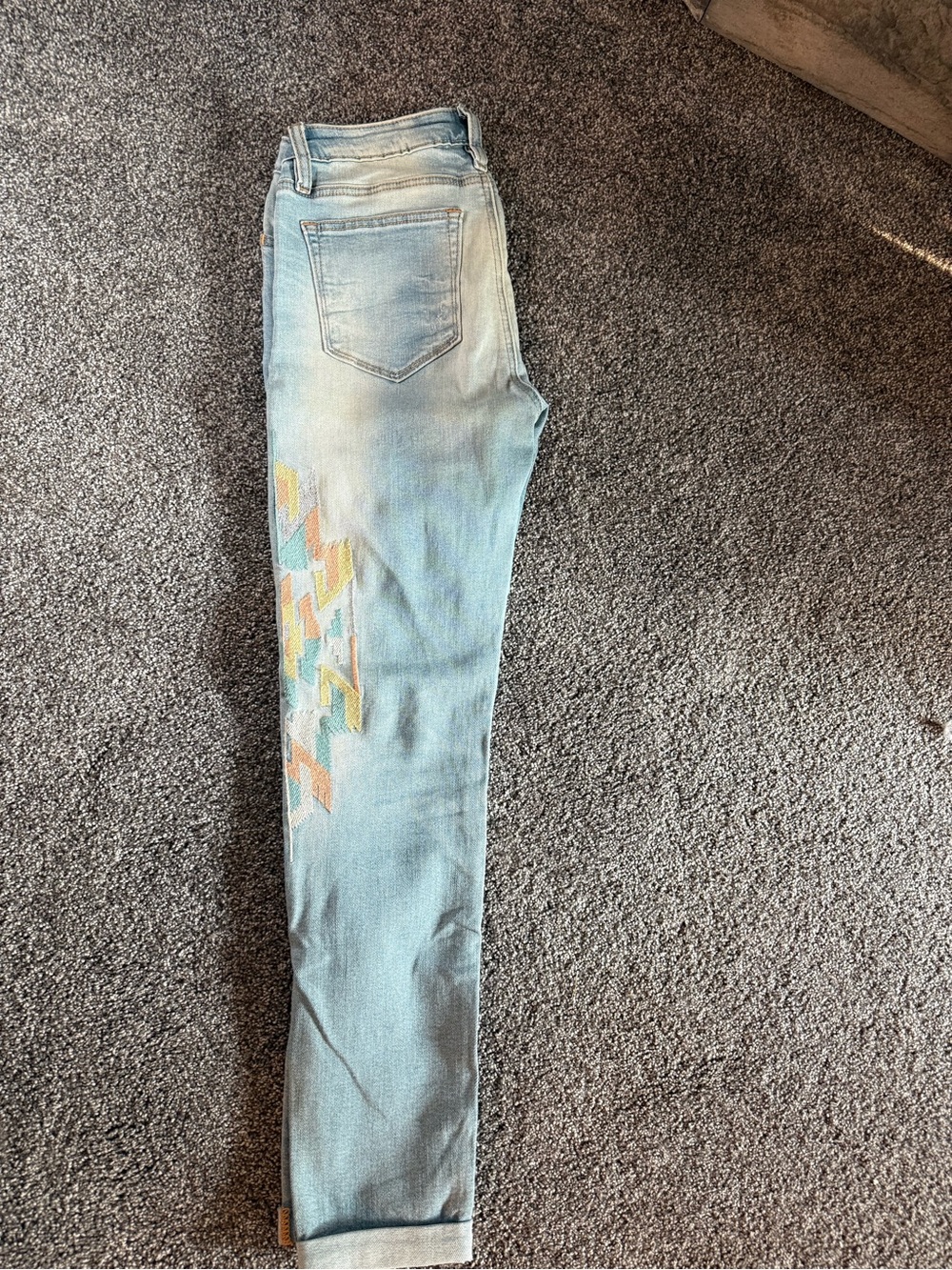 Miss Me Light Wash Skinny Jeans with Pastel Geometric Stitching